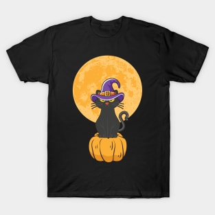 Halloween Black Cat On Pumpkin Full Moon T-Shirt